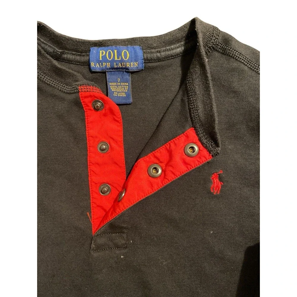 Polo Ralph Lauren Boys Sz 7 Black Henley‎ Shirt Red Trim Long Sleeve Elbow Patch - Picture 7 of 7